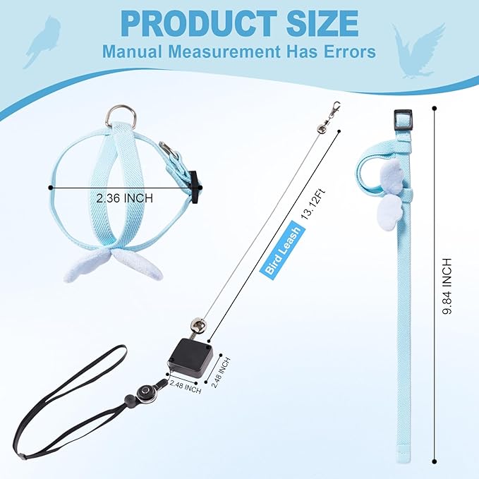 Retractable Bird Harness and Leash, Parrot Harness with Wing Design, Anti-Bite Bird Flight Training Rope for Budgies, Cockatiels, Mini Macaws (Blue)