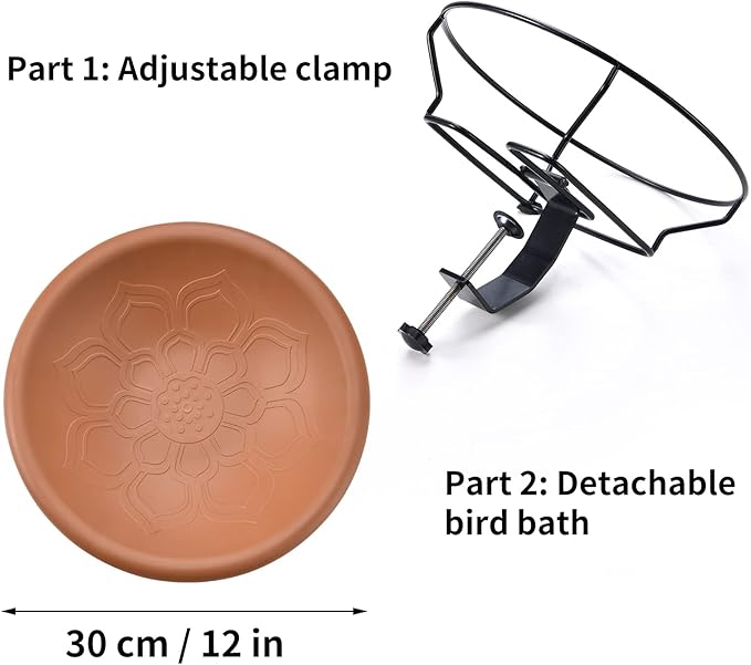 Jealoeur Bird Bath Deck Mounted 12 Inches, Deck Adjustable Steel Clamp 3.5 Inches, Balcony Railing Birdbaths Unheated(Brown)