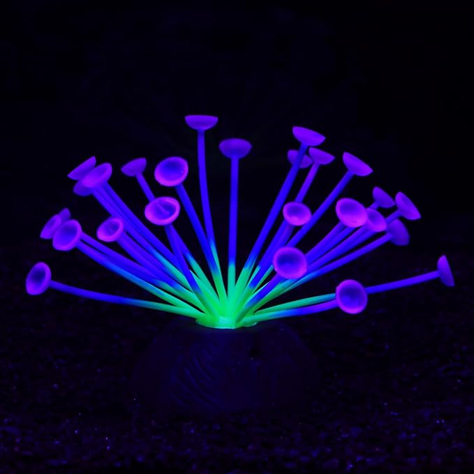 ZtohPyo Glowing Effect Soft Coral Aquarium Fish Tank Decorations Silicone Glow Artificial Ornament Coral Reef Plants for Aquarium Small/Large Fish Bowl Decor Accessories (Purple Trumpet-Shaped)