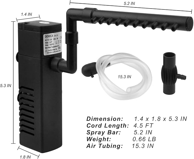 DOMICA 100GPH 5W Internal Aquarium Filter with Aeration System Power Filter for 5 to 15 Gallons Fish Tank, Submersible Fish Tank Filter