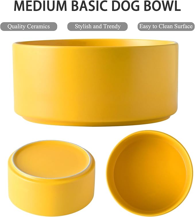 Raised Ceramic Dog Bowl Set - Elevated Dog Bowls with Non Slip Bamboo Stand, Food and Water Bowl Set for Small and Medium Breed Dogs, Pet Bowls, Weighted Dogs Dishes (6'', 2 * 30OZ, Yellow)