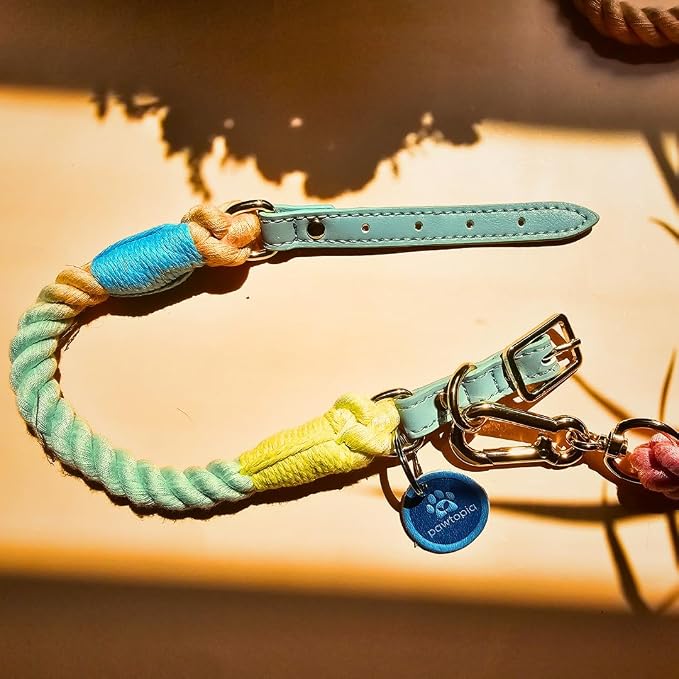 Pawtopia Cotton Rope Collar for Large Dogs, Vegan Leather Handle (Light Blue) with One Complimentary Roll of Dog Poop Bags (15 Bags), Durable Metal Buckle (Soft Rainbow, Large), Give Back