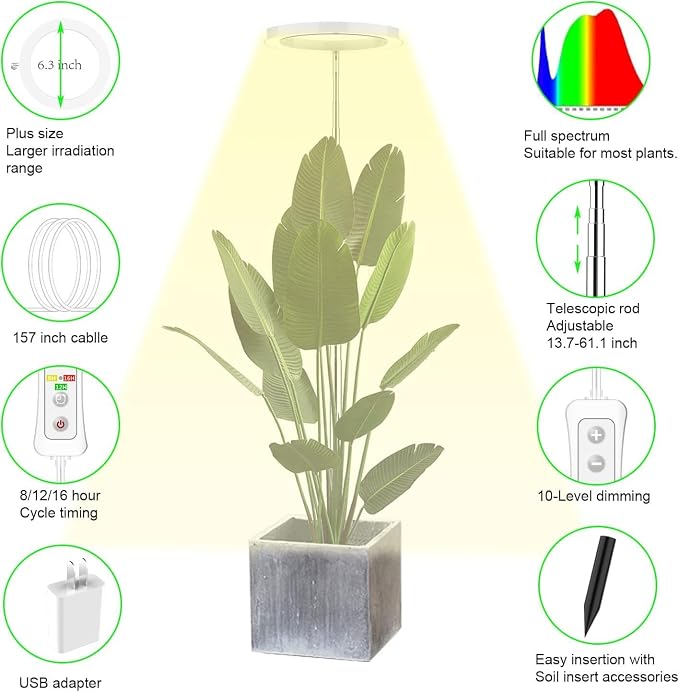 LED Growing Light, Full Spectrum for Indoor Plants, Paired with a Soil Tester,Height Adjustable, Automatic Timer, Low Safe Voltage, Ideal for Large Plants