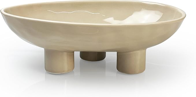 Three-Leg Ceramic Fruit Bowl, 10 Inch Oval Serving Dish for Kitchen Counter, Candy or Key Holder, Home Decor Accent Beige