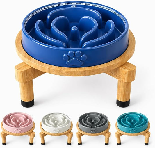 Slow Feeder Dog Bowls – Elevated Dog Bowl Slow Feeder with Bamboo Stand– Microwaveable Dog Slow Feeder for Small and Medium Dogs – Lead and BPA-Free Ceramic Pet Bowl – Pet Feeder for Fast Eaters