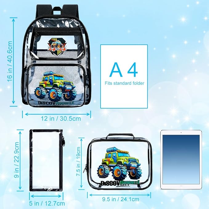 AGSDON 3PCS Clear Backpack for Boys,16" Truck Transparent Bookbag Heavy Duty, Cute See Through Backpacks with Lunch Bag