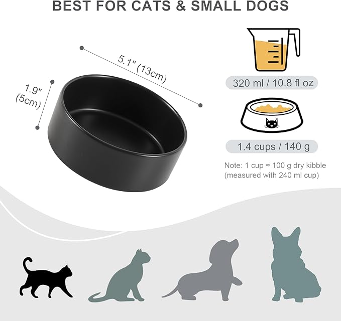 Ceramic Dog Bowl for Food and Water - Pet Feeder Bowl for Small Dogs and Cats - Heavy Ceramic Feeding Dish with Non Slip Base - Dishwasher & Microwave Safe - 5 Inch - 1.4  Cups - Black
