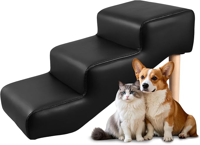 3-Step 15.7" H Dog Stairs for Pets up to 220lbs,Waterproof and Scratch PU Leather Pet Stairs with Oak Leg & Solid Wood Frame,Dog Ramp for Small Senior Large Dogs Cats,Non-Slip Feet,Black