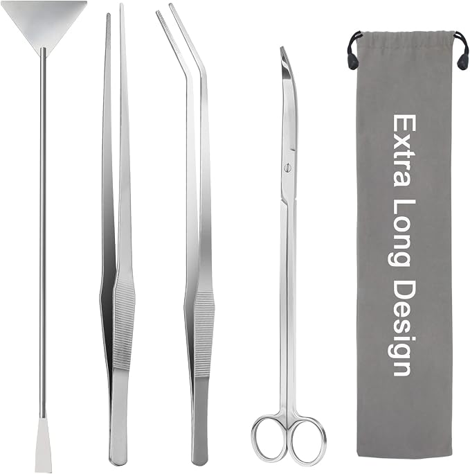 15" Aquarium Aquascape Tools Kit 4P Stainless Steel Aquascaping Set | 4in1 Extra Long Full Metal Design, Scissors, 2P Tweezers And Sand Spatula, For Trimming Plants, Arranging Sand And Aquascape