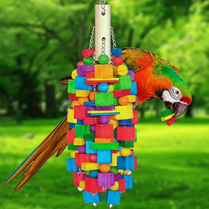 Large Parrot Chew Toy, 20 in 1.65 lb Natural Wood Blocks with Stainless Steel Chain, Bird Foraging Cage Toy for Macaws, Cockatoos, African Greys