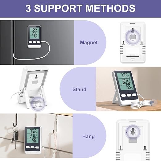 Refrigerator Thermometer with External Sensor, LCD Display Indoor Temperature and Humidity Gauge, Fridge and Freezer Thermometer, Max/Min Temperature in 24H, for Aquarium, Refrigerator, Freezer