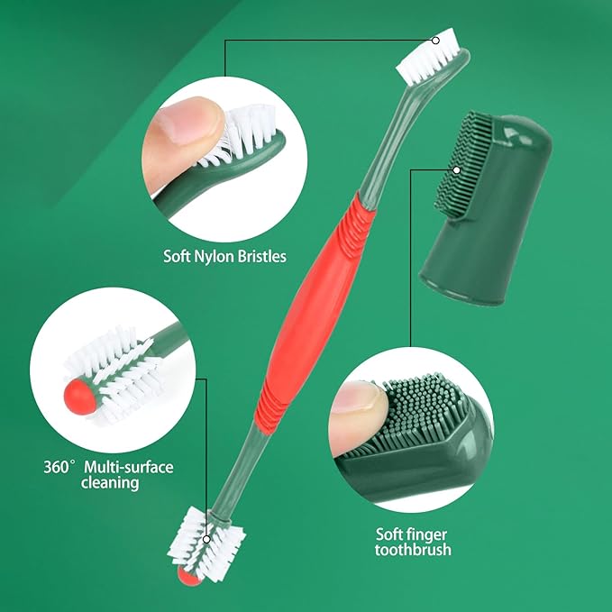 Dog Toothbrush and Toothpaste Kit Beef Dog Toothpaste(70g) Soft Nylon Double-Head Dog Toothbrush Green Dog Finger Toothbrush Puppy Tooth Brushing Kit Pet Dental Care Kit for Dogs and Cats