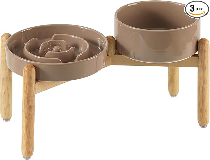 Havniva Ceramic Raised Slow Feeder Dog Bowl Set, Elevated 7.3inch Bowl and 8.2inch Puzzle Slow Dish with Wooden Stand for Medium and Large Dog, Anti-Gulping (2X Brown Coffee+ Stand)