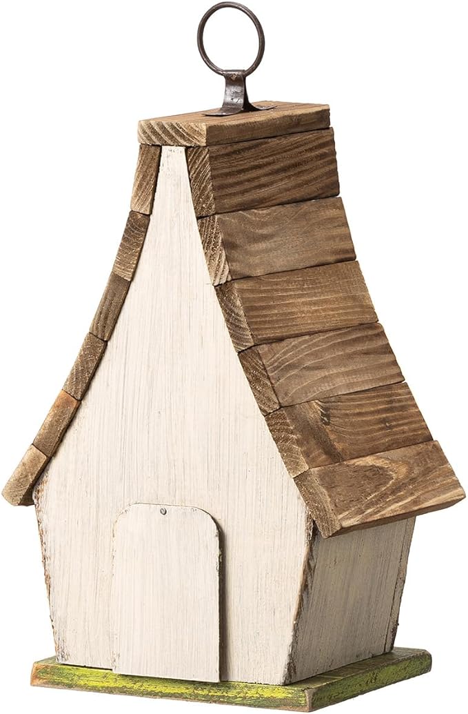 Glitzhome Bluebird House for Outside, 9.5" H Distressed Hanging Birdhouse Solid Wood Bird Houses for Outdoor, Decorative Birdhouse with Natural Wood Pallet Roof and 3D Tree for Garden,Washed White