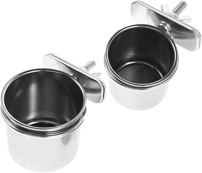 GLEAVI 2pcs Stainless Steel Bird Food Bowls with Clamp Holder, 4.4cm 5.5cm Coop Cup Bird Feeder for Parrot Cage Accessories, Suitable for Cockatiel Budgie Parakeet Feeding