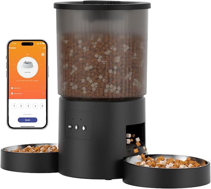 Automatic Cat Feeder, 2.4GHz WiFi Automatic Dog Food Dispenser, Fresh Protection, 4.5L Timer Feeder, Personalized Recording 10 Seconds, Easy to Clean, Stainless Steel Bowl (Double/Black)