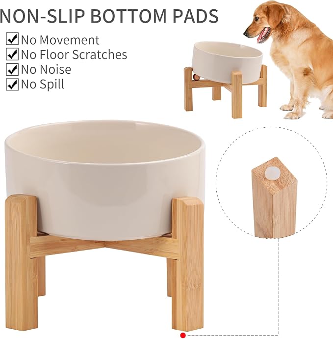 Elevated/Raised 15°Tilted Anti Slip Ceramic Dog Bowl for Medium & Large Breeds,Slanted Bulldog Big Face Pet Feeding Food Water Dish Stand for Dogs (7.6 Cups/60OZ) Beige