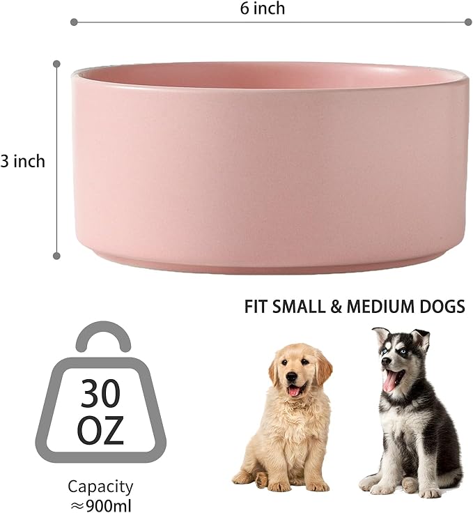 Ceramic Set of 2 Dog Bowls - Classic Dogs Food & Water Bowl for Small and Medium Breed, Heavy-Duty Non-Slip Dog Dishes, Food Grade Pet Bowl, Dishwasher & Microwave Safe (6'', 2 * 30OZ, Pink)