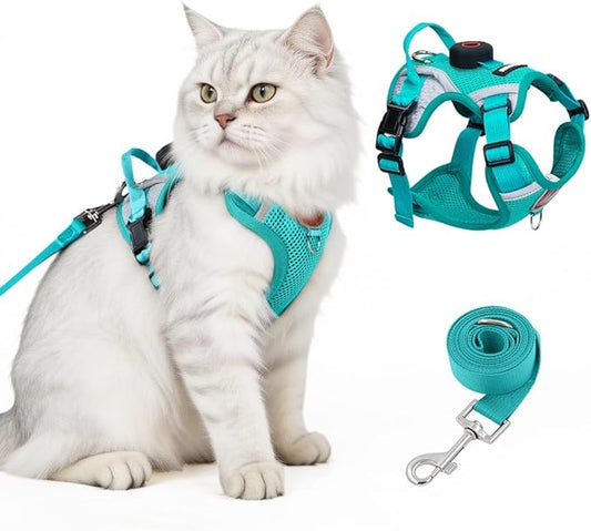 Cat Harness and Leash Set with Holder Compatible with AirTag, Upgraded Escape Proof Adjustable Vest Lead for Large Cat Small Dog Walking, Soft Breathable Mesh Jacket with Reflective Strips, Green, L