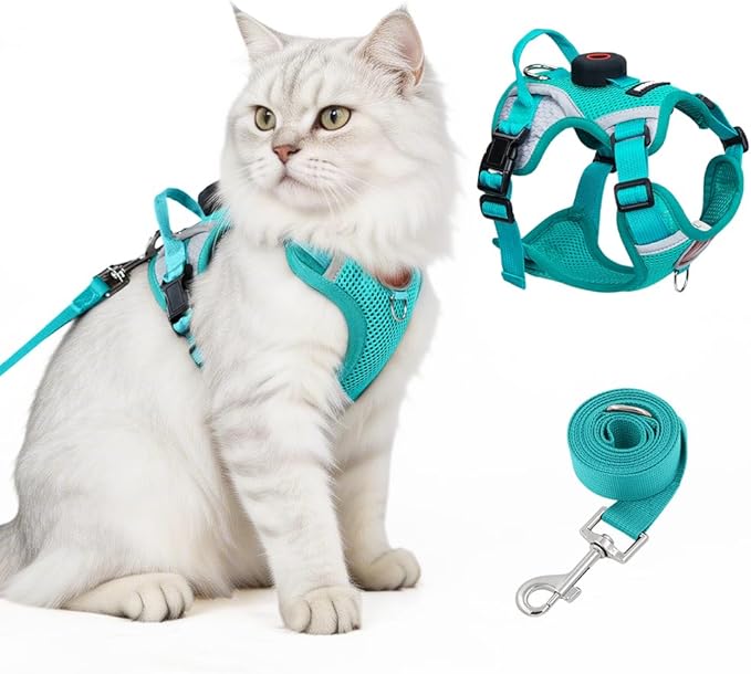 Cat Harness and Leash Set with Holder Compatible with AirTag, Escape Proof Kitten Harness with Lead for Large Adult Cats, Soft Mesh Puppy Reflective Adjustable Jacket Vest for Walking, Green, M
