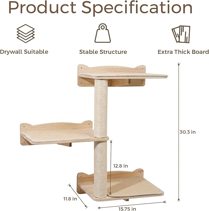 Cat Wall Shelves, 3-Tier Cat Shelves with Sisal Scratching Post, Sisal Mat Solid Pine Wood Wall Mounted Cat Climbing Furniture, Modular Design