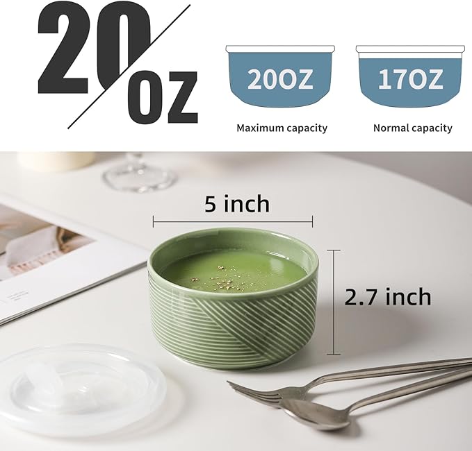 Ceramic Bowls with Lids: 20 oz Microwave Safe Food Storage Containers for Soup, Salad, Cereal, Leftovers, Meal Prep, Lunch, Picnic, Camping, Serving - Airtight, Multicolor, Set of 4