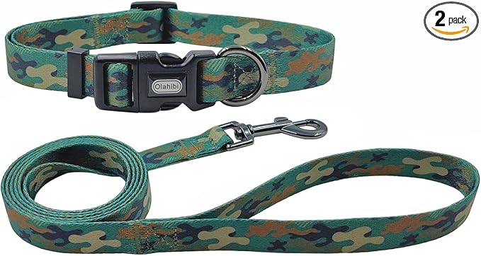 Dog Collar Leash Set, Camouflage Pattern, Polyester Material, Adjustable Collar and 5ft Matching Leash, for Medium Dogs.(M, Green Camo)