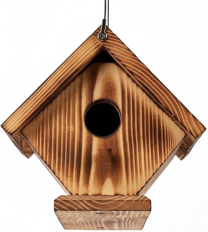Wren Bird Houses for Outside, Golden Metal Hole Plate, Hanging Birdhouse for Outdoor, Cedar Wood Nest Box for Jay Wrens and Chickadees, Brass Entrance Stainless Cable Longtime Lasting