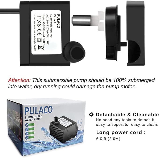 PULACO 95GPH 5W Mini Submersible Water Pump with 3.3 ft Tubing for Aquarium Fish Tank, Pond, Fountain, Hydroponics