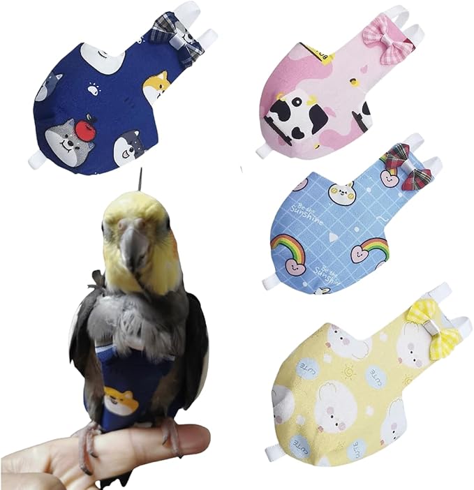 Bird Diaper Protective Parrot Nappy - 4 Pack, Reusable Flight Suit with Waterproof Inner Layer, Adjustable Shoulder Straps, Washable Cute Urine Wet Suit for Parakeet Conure (XS)