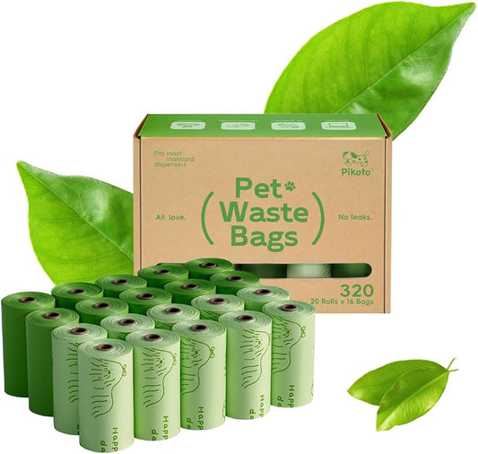 Dog Poop Bags Rolls, 320 Count (20 Refills) - 60% Recycled Plastic Unscented - Leak Proof, Extra Thick Waste Bag with Easy-Peel Sticker (Green)