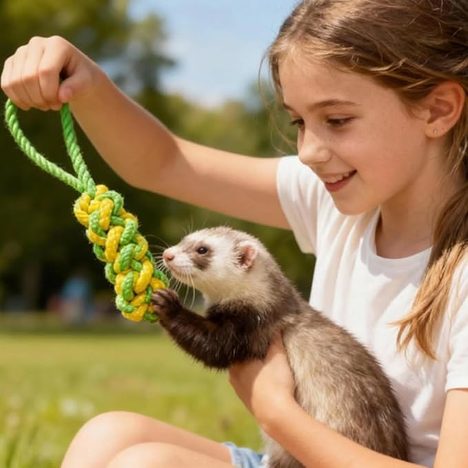 7 Pack Ferret Chew Toys Ferret Bell Balls Squeaker Toy Squeak Teething Pet Toy Durable Knotted Tug of war Cotton Chew Rope Exercise Scratch Interactive Cat Dog Rope Set Small Animal