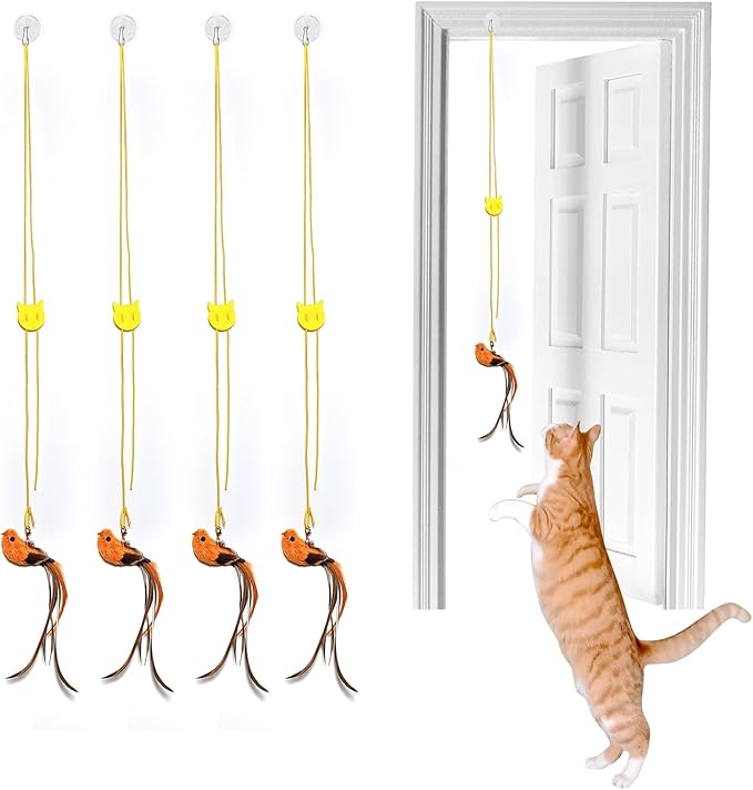 miwoowim 4 Bird Cat Wand Toy Refill for Indoor Cats, Interactive Birds Simulation Set,Door Hanging Feather Cat Toys String Wand Replacement Attachments