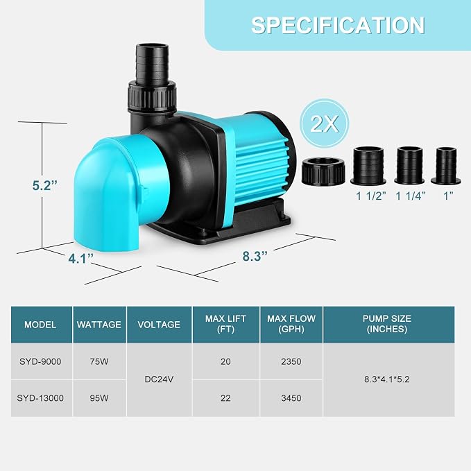 2350GPH DC24V Aquarium Return Pump With 20 Speeds Controller | ECO Quiet adjustable,submersible and inline use ,fresh and marine water use