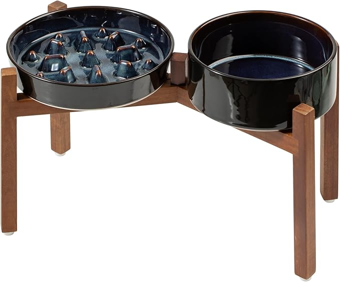 Havniva Elevated Slow Feeder Dog Bowls, 1.6 Cups/8.2 inch Slow Feeders + 7.3 inch Ceramic Dog Food & Water Bowls Set with Acacia Wood Stand Puzzle Bowls for Fast Eater, Medium Dogs Anti-Choking