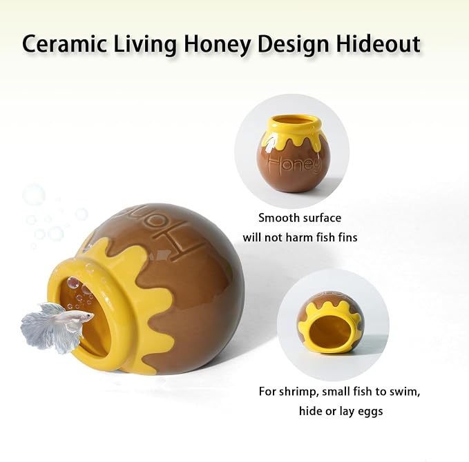 Ceramic Aquarium Decor Cartoon Honey Design Betta Fish Tank Cave | Smooth-Surface Safe for Fish Hiding & Breeding, Easy-Clean, No Assembly, for Play & Rest,Fits 3-5 Gallon Fish Tanks