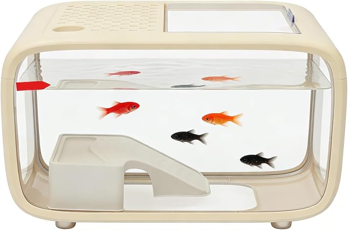 3.17-Gallon Cube Fish Tank, Modern Desktop Brown Fish Bowl with Feeding Hole, Compact Aquarium for Betta, Shrimp, Guppy, Goldfish, Home Office Desk Decor (White)