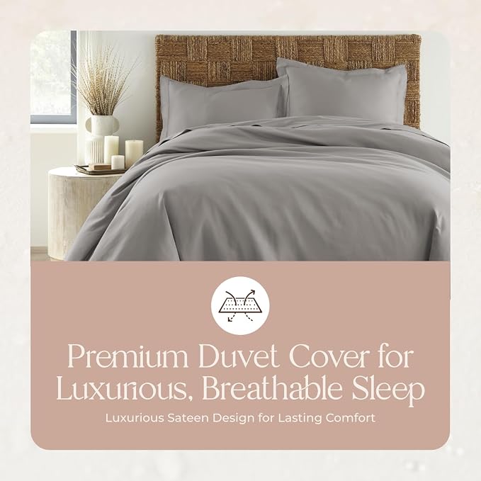 100% Organic Cotton Duvet Cover Queen Size - Naturally Soft Lightweight & Cooling Duvet Cover Set with Decorative Shams - Premium GOTS Certified 300 Thread Count Sateen Weave (Classic Grey, Queen)