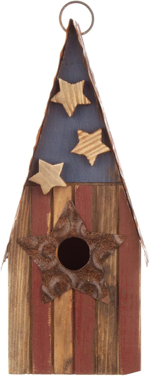 Glitzhome Bird House for Outdoors, 12.5 Inch Wooden Bird House Patriotic USA Distressed Hanging Birdhouses for Bluebird Cedar Wren Chickadee Sparrow Bird Nest Box for Garden Patio