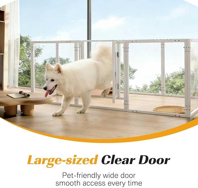 Clear Acrylic Dog Playpen with Door,Puppy Fence Indoors H:24" 10-Panel can be DIY Expanded + Splicing Height Design for Puppies/Small Dogs,White Dog Enclosure (Metal + Acrylic Material)