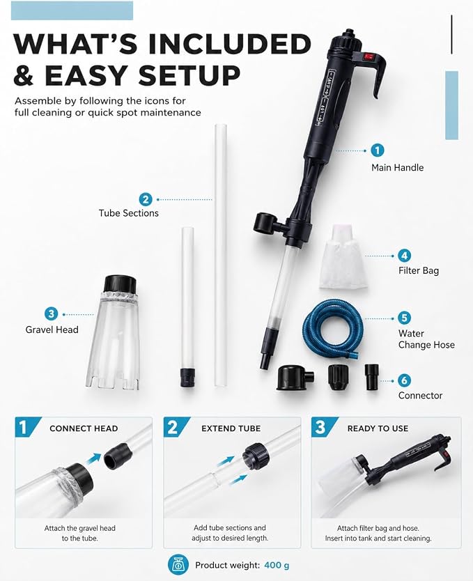 Electric Aquarium Gravel Cleaner Fish Tank Cleaning Vacuum Siphon Tool Kit | Automatic Removable Water Changer Circulation Battery-Operated Adjustable Length Sand Algae Filter for All Aquariums(2PCS)