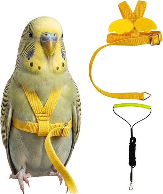Adjustable Bird Harness with Elastic Leash, Pet Parrot Harness and Leash, Adjustable Training Design Anti-Bite, Bird Nylon Rope with Cute Wing for Conure (Yellow,XS)