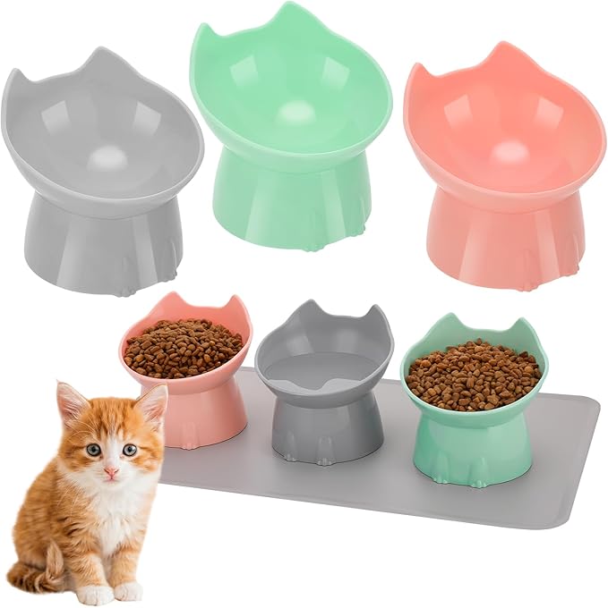 3 Pcs Elevated Cat Bowls 15°Raised Cat Food Bowl with Silicone Mat Whisker Friendly Anti Vomiting Cats Dishes Pet Food and Water Bowls for Indoor Cats Kittens, Pink, Green, Gray
