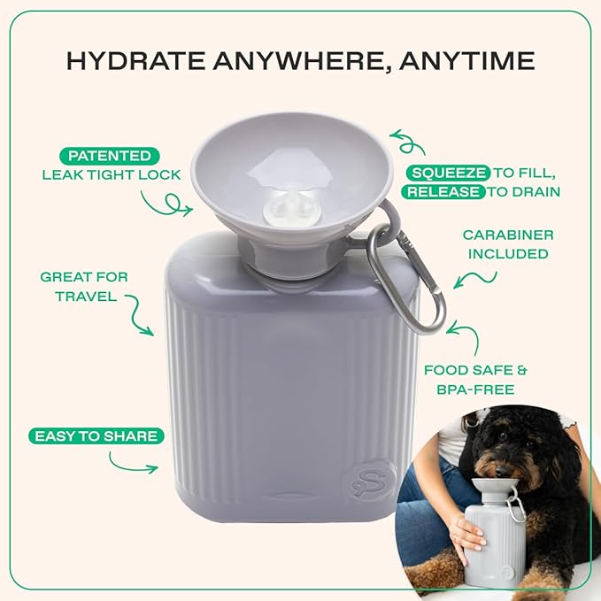 Springer Dog Water Bottle | Large Capacity Drinking Feeder Dispenser for Dogs & Puppies | As Seen on Shark Tank | Leak-Proof Bowl | BPA-Free | Outdoor Walking, Hiking & Camping | 44oz Gray