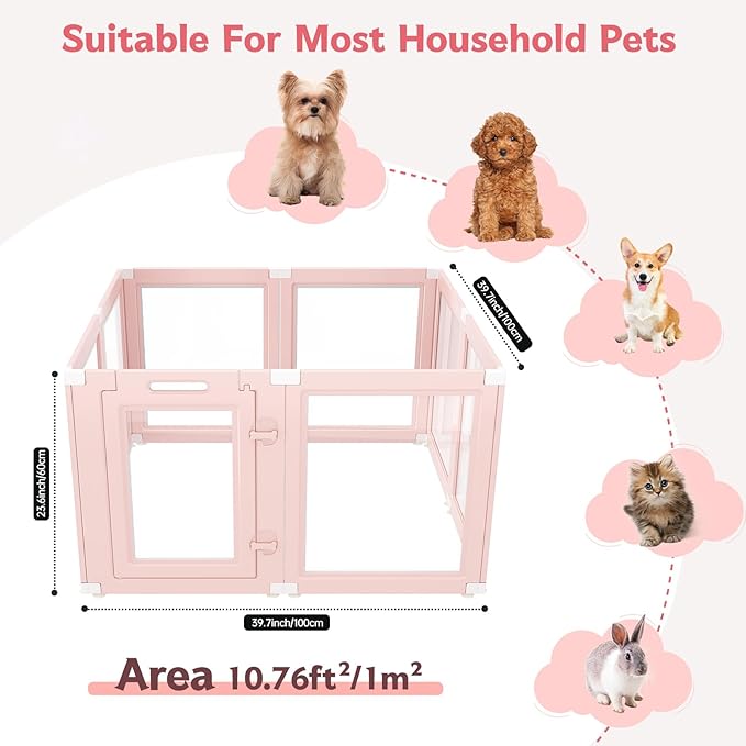 DIY Clear Acrylic Dog Playpen Indoor, Transparent Easy Cleansing Puppy Fence with Suction Cup, Easy-Assemble Indoor Whelping Crate for Small Puppies (23.6" H, 8PCS), Pink