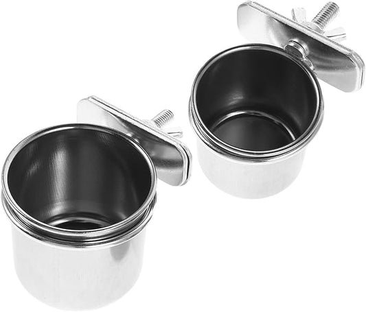 Abaodam 2pcs Stainless Steel Parrot Feeder Bowls with Clamp Holders, Cage Hanging Coop Cups 4.4cm and 5.5cm for Cockatiel Budgie Parakeet Bird Cage Feeding Supplies