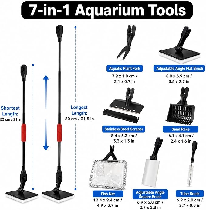 FISORAS Aquarium Cleaning Tools, 7 in 1 Fish Tank Cleaning Kit with Adjustable Long Handle,Aquarium Sponge Brush and Fish Net