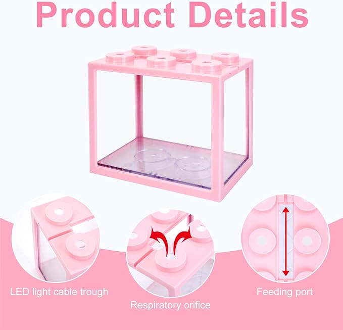 2 PCS Small Betta Fish Tank, 0.6 Gallon Mini Aquarium Tank, Pink Cube Fish Bowl, Desktop Stackable Tank for Small Fish, Insect, Shrimp, Turtle, Spider
