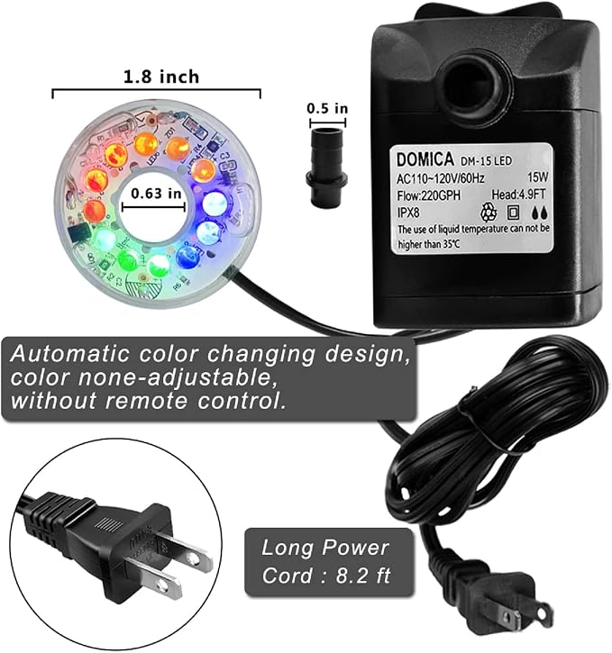 15W 220 GPH Submersible Fountain Pump with LED Light (800L/H), Ultra Quiet Adjustable Water Pump for Water Feature, Hydroponics, Garden, Pond, Aquariums, Fish Tanks, Indoor Outdoor Fountain