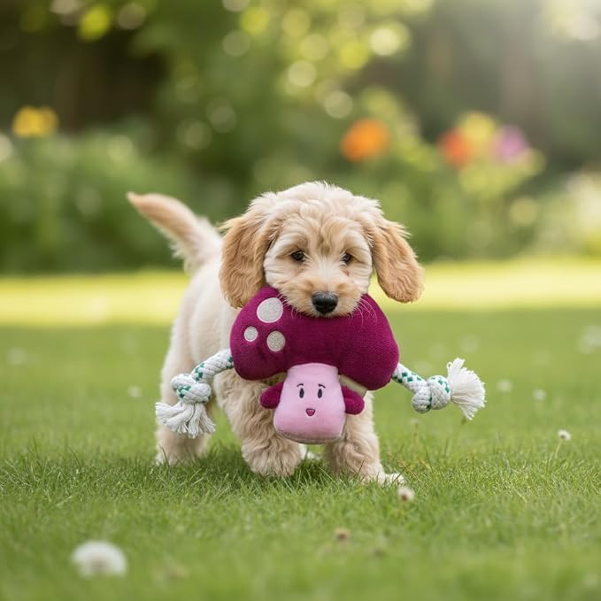 Green Sheep Puppy Plush Dog Toy, No Stuffing Squeaky Toy with Recycled Cotton Rope for Teething, Comfort and Gentle Play, Small Dogs and Puppies, Mushroom